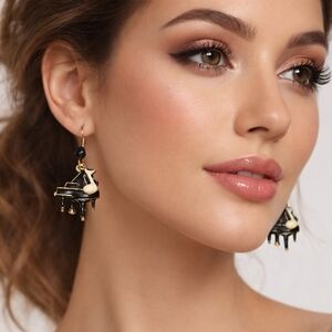 Black Enamel Piano Dangle Earrings‎